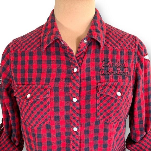 Harley Davidson Shirt Red  Buffalo Check Flannel Retro Patches Roll Tab Sleeve - Picture 1 of 9